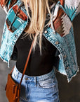 Geometric Print Frayed Hem Denim Jacket