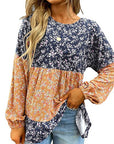 Women Patchwork Ruffled Hem Round Neck Blouse