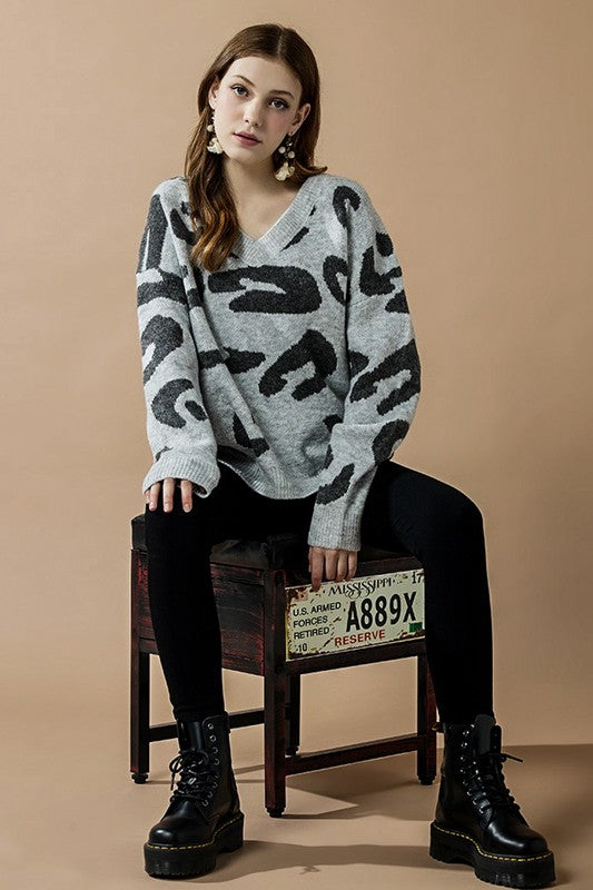 Plus Fuzzy Mohair Jacquard V-Neck Leopard Sweater