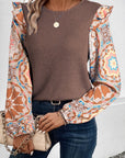 Floral Sleeve Patchwork Waffle Knit O Neck Blouse