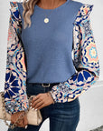 Floral Sleeve Patchwork Waffle Knit O Neck Blouse