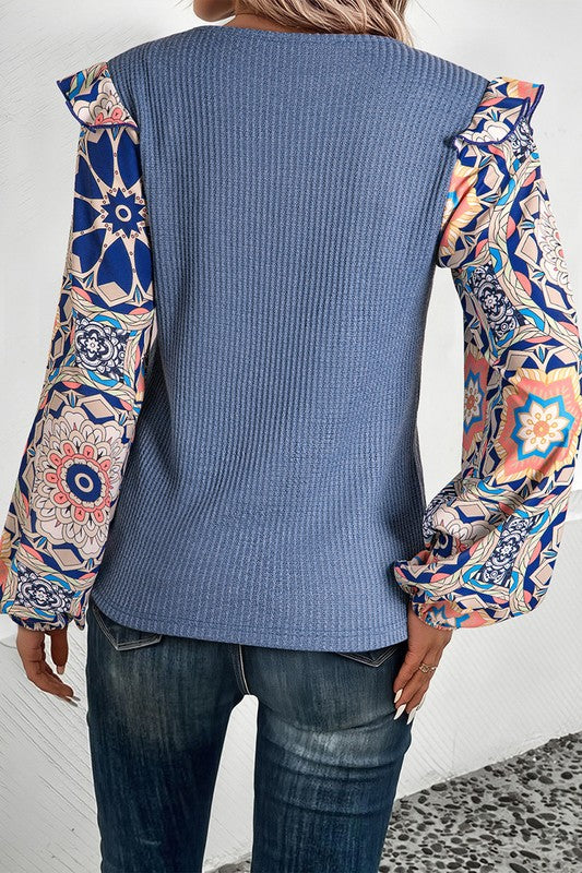 Floral Sleeve Patchwork Waffle Knit O Neck Blouse