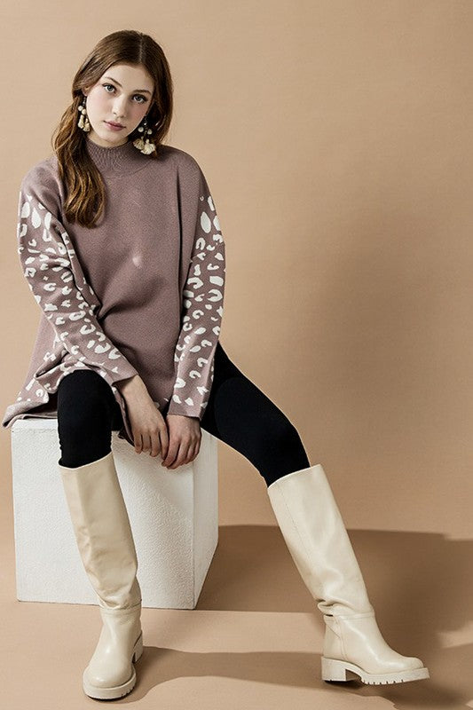 Oversized Mock Neck Leopard Print Sweater Tunic