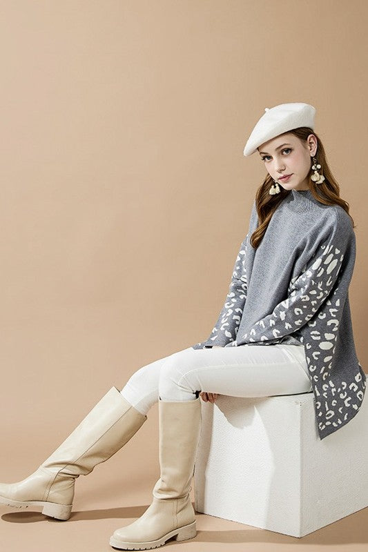Oversized Mock Neck Leopard Print Sweater Tunic