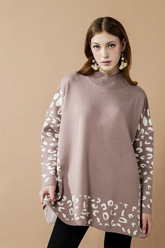 Oversized Mock Neck Leopard Print Sweater Tunic
