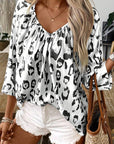 Women Leopard Print V Neck 3/4 Sleeve Blouse