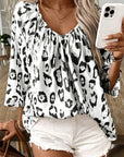 Women Leopard Print V Neck 3/4 Sleeve Blouse