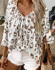 Women Leopard Print V Neck 3/4 Sleeve Blouse