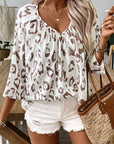 Women Leopard Print V Neck 3/4 Sleeve Blouse