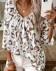 Women Leopard Print V Neck 3/4 Sleeve Blouse