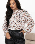 Leopard Print Lantern Sleeve Mock Neck Blouse