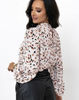 Leopard Print Lantern Sleeve Mock Neck Blouse