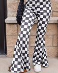 Black Checkerboard High Rise Casual Flared Pants