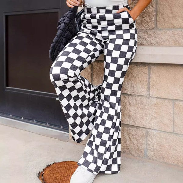 Black Checkerboard High Rise Casual Flared Pants