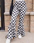 Black Checkerboard High Rise Casual Flared Pants