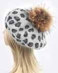 Wool Blend Leopard Print Raccoon Fur Pom Beret