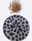 Wool Blend Leopard Print Raccoon Fur Pom Beret