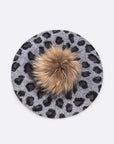 Wool Blend Leopard Print Raccoon Fur Pom Beret