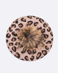 Wool Blend Leopard Print Raccoon Fur Pom Beret