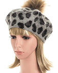 Wool Blend Leopard Print Raccoon Fur Pom Beret