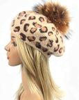 Wool Blend Leopard Print Raccoon Fur Pom Beret