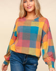 Haptics Contrast Plaid Round Neck Sweater