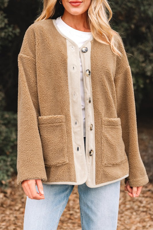 Fleece Corduroy Patchwork Button Up Jacket