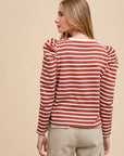 Annie Wear Striped Round Neck Puff Sleeve French Terry Top