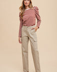 Annie Wear Striped Round Neck Puff Sleeve French Terry Top