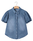 Denim Frilled Short Sleeve Snap Button Shirt