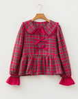 Plaid Collared Bow Tie Ruffle Long Sleeve Blouse
