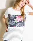 e Luna Solid Striped Floral Print Mixed Top