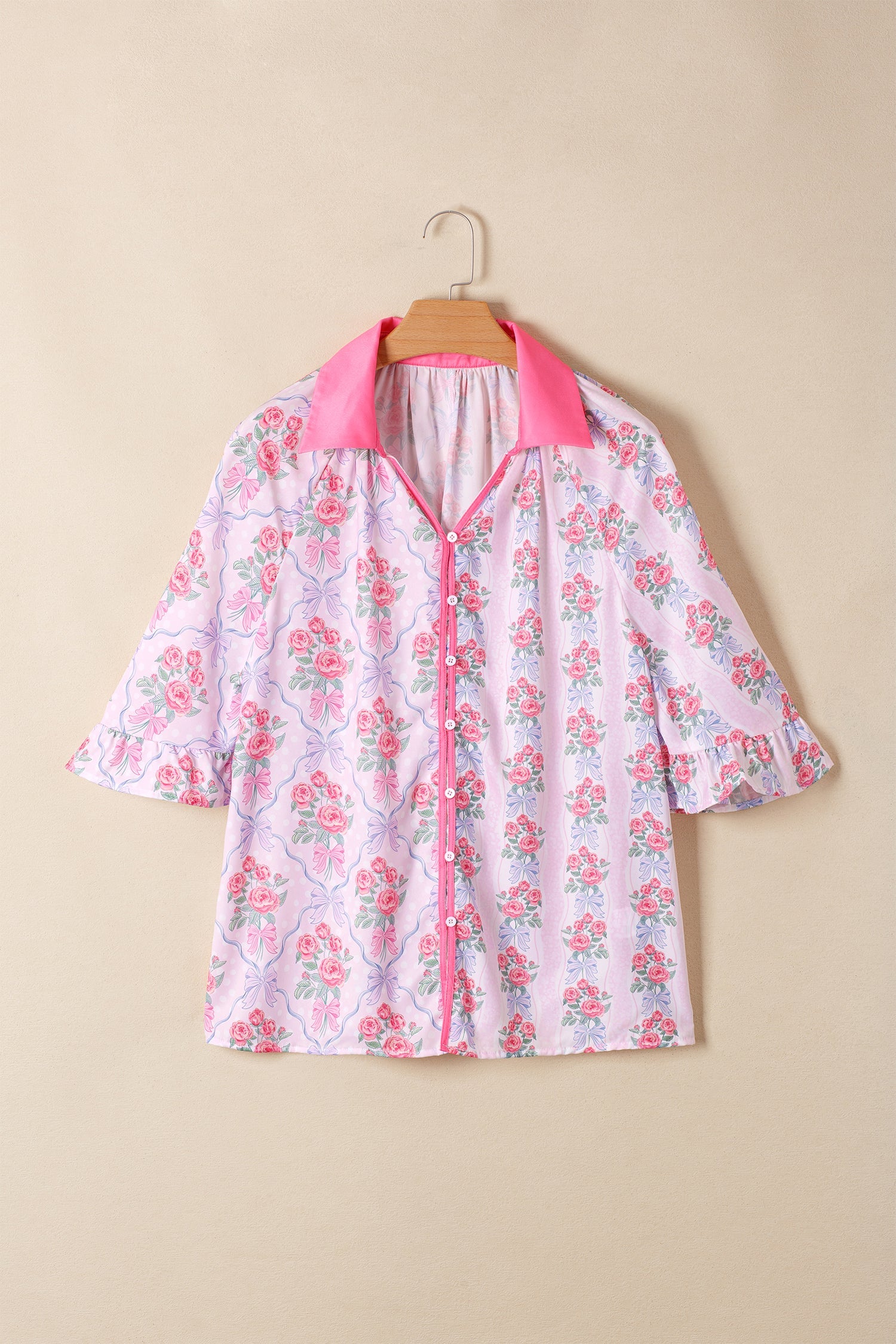 Floral Collared V-Neck Ruffle 3/4 Sleeve Shirt
