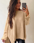 Women Knit Drop Shoulder Side Slits Loose Sweater