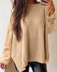 Women Knit Drop Shoulder Side Slits Loose Sweater