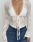 Miss Sparkling |White Lace  Mesh  Tie-Front Top Women's Boho Style