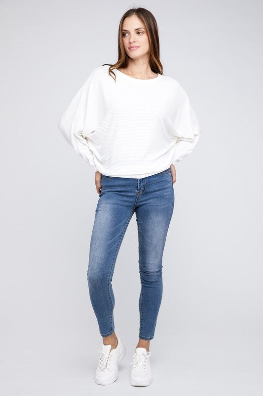 Zenana Ribbed Batwing Long Sleeve Boat Neck Sweater