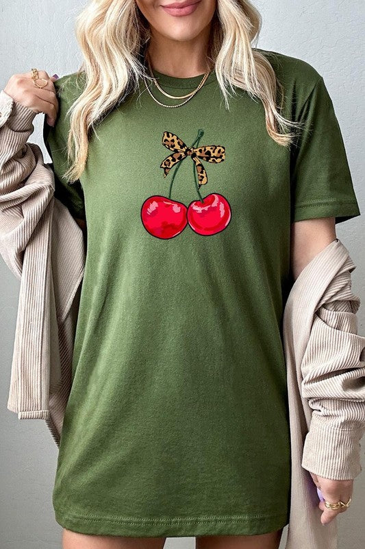 Cute Leopard Bow Cherry Graphic Tee