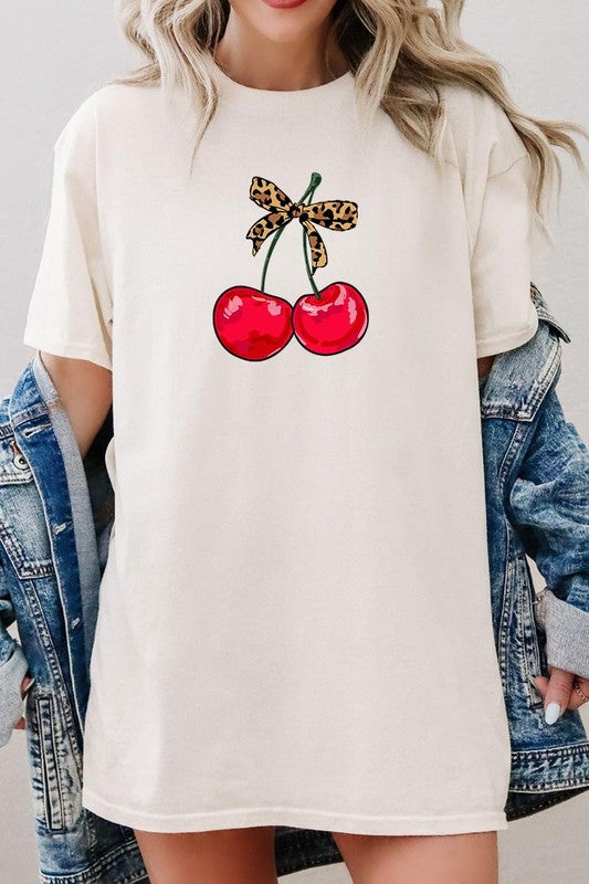 Leopard Bow Cherry Graphic Heavy Cotton Tee