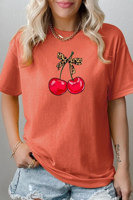 Leopard Bow Cherry Graphic Heavy Cotton Tee