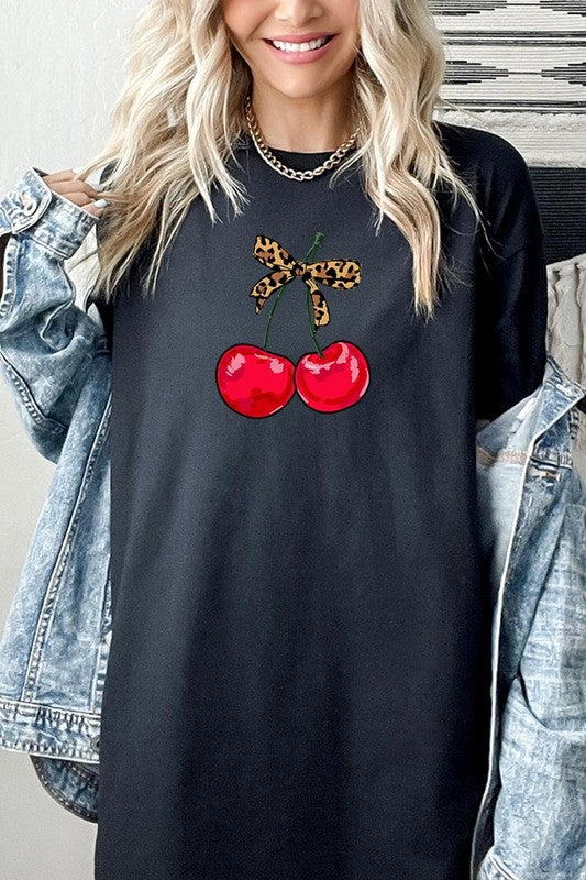 Leopard Bow Cherry Graphic Heavy Cotton Tee