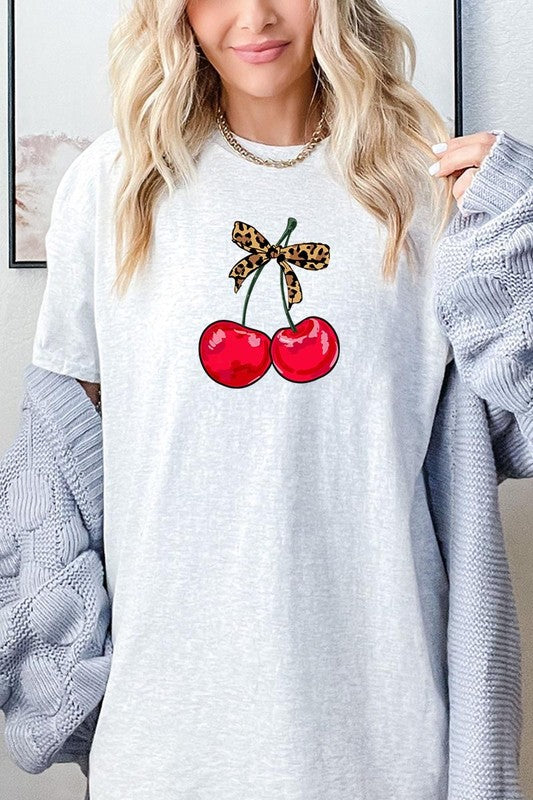 Leopard Bow Cherry Graphic Heavy Cotton Tee