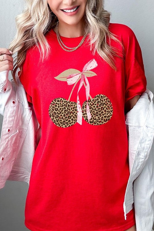 Leopard Cherry Bow Graphic Heavy Cotton Tee