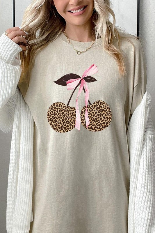 Leopard Cherry Bow Graphic Heavy Cotton Tee