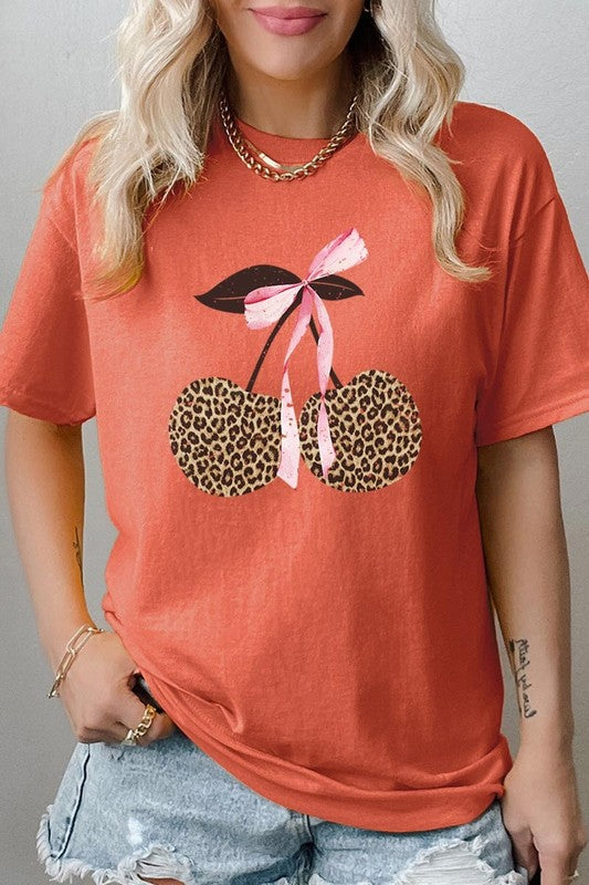 Leopard Cherry Bow Graphic Heavy Cotton Tee