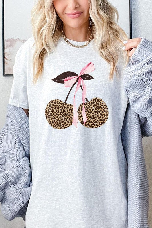 Leopard Cherry Bow Graphic Heavy Cotton Tee