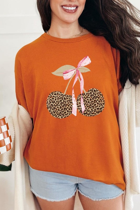 Leopard Cherry Bow Graphic Heavy Cotton Tee