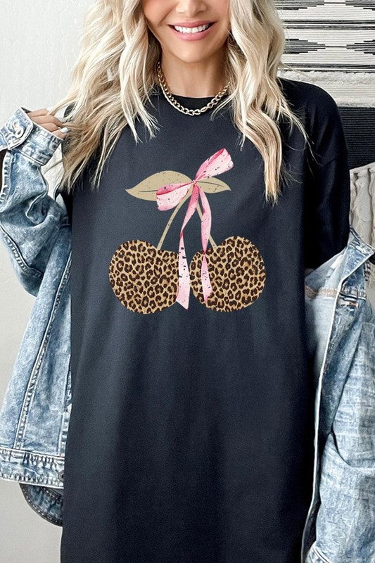 Leopard Cherry Bow Graphic Heavy Cotton Tee