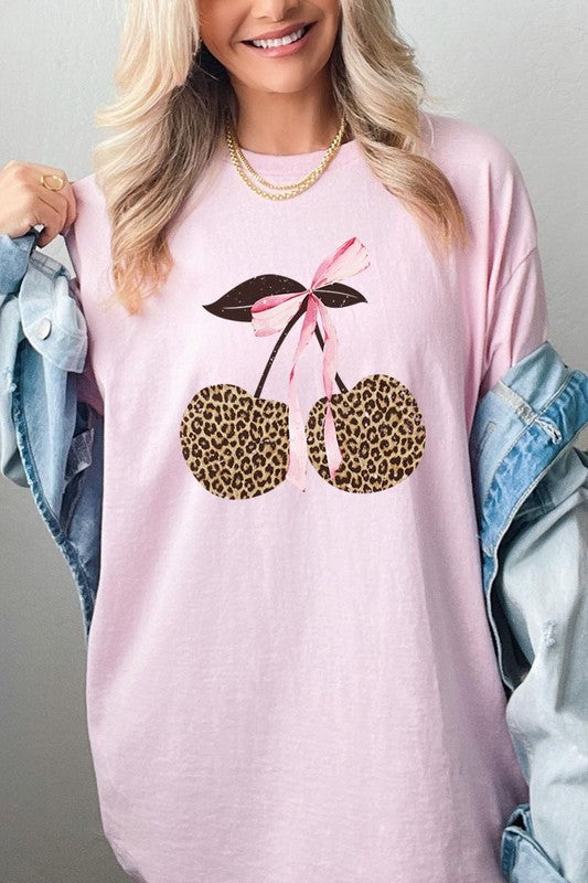 Leopard Cherry Bow Graphic Heavy Cotton Tee