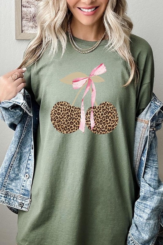 Leopard Cherry Bow Graphic Heavy Cotton Tee